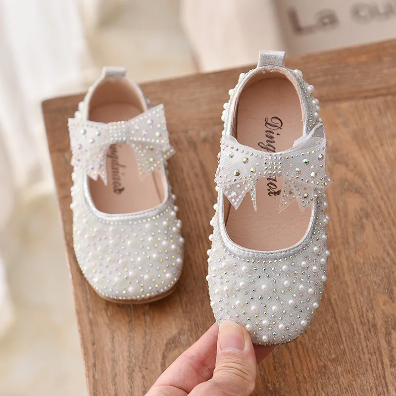 New Girls Single Princess Shoes Pearl Shallow Children\'s Flat Shose Kid Baby Bowknot Shoes 2022 Spring Autumn B207