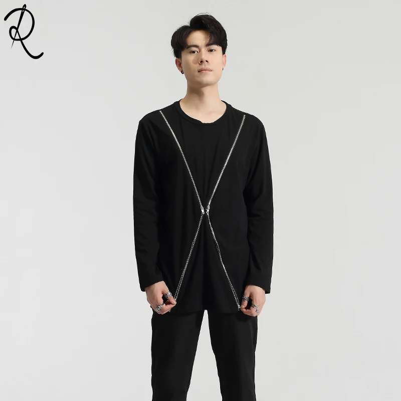 Spring Dark Department of Personality cross-zipper stitching casual casual casual casual casual casual long-sleeved t-shirt men'