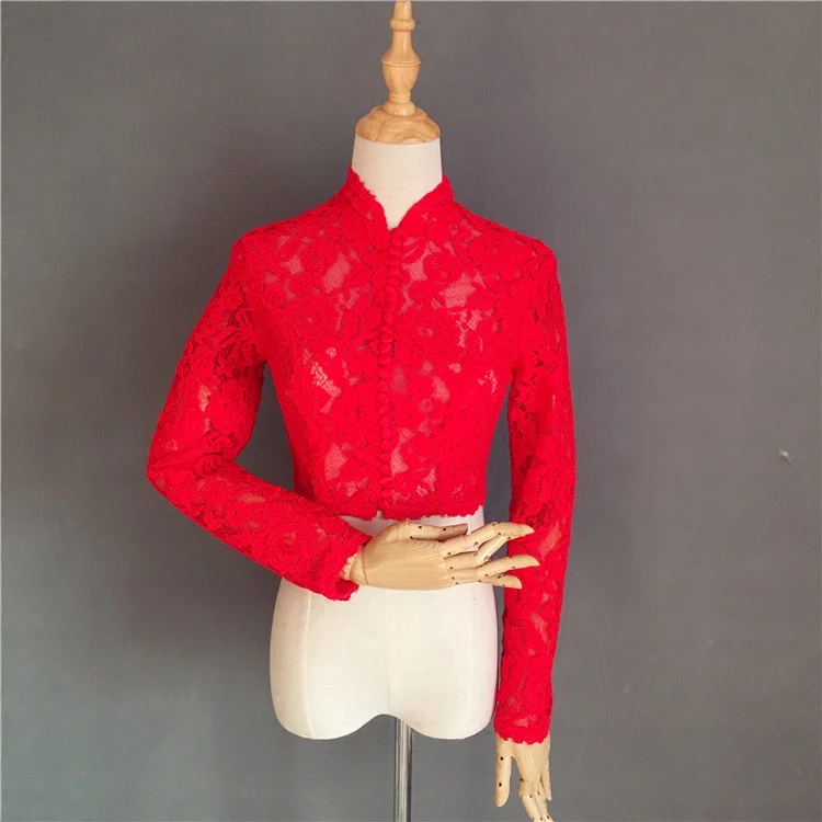 2021 Red Lace Long Sleeve Wedding Bolero High Neck Bridal Wraps for Wedding Party Prom Cheap Ivory Bride Jacket Bolero Shrug