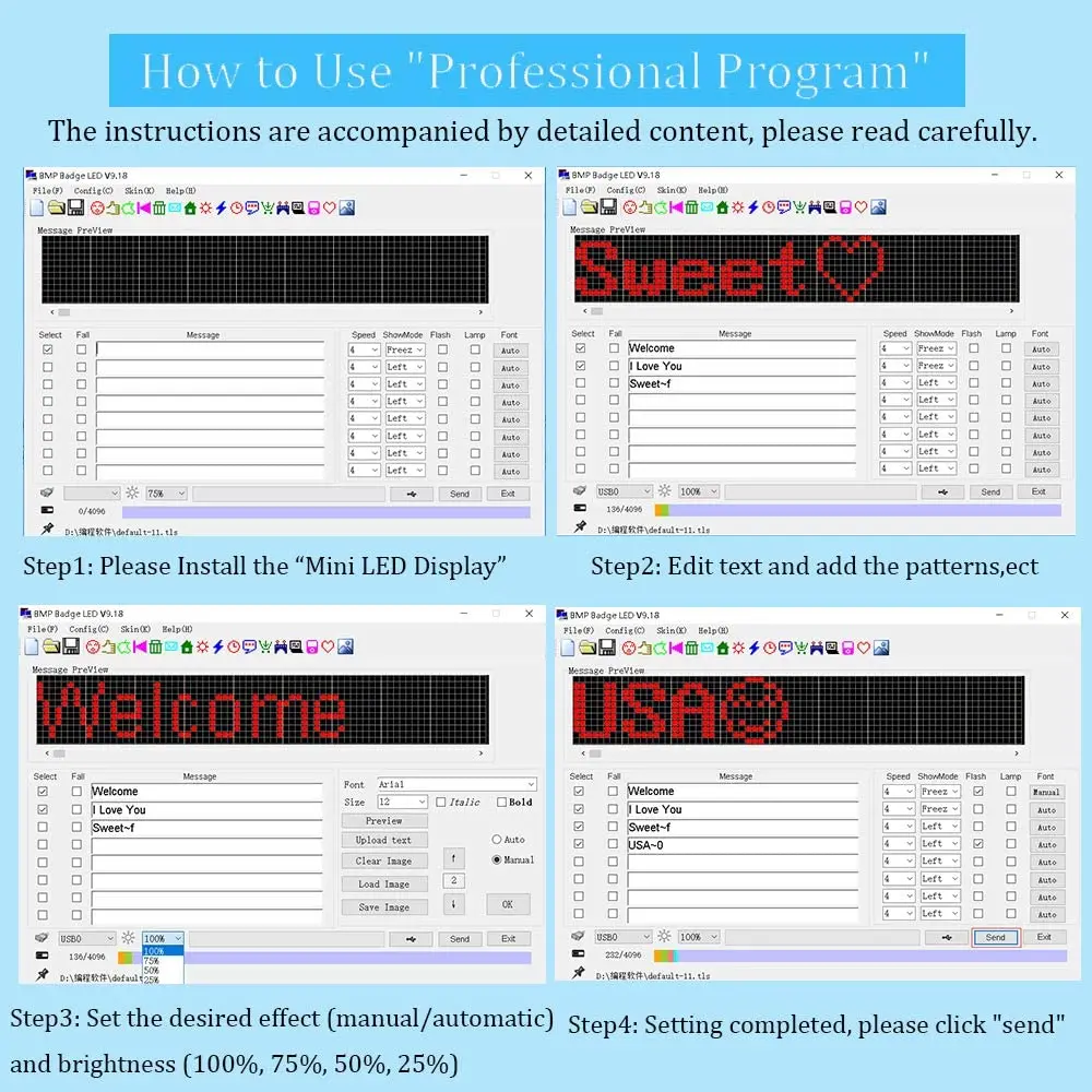 LED Name Tag LED Name Badge Rechargeable LED Business Card Sign with 44x11 Pixel USB Programming Digital Display for  Hotel-Blue