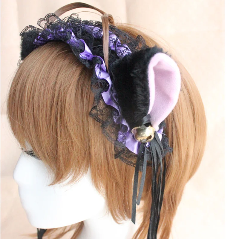 Diadema de encaje para chica japonesa, diadema de Lolita para orejas de gato, tocado bonito, Bandana, Cosplay de Anime, accesorios para el cabello de Lolita