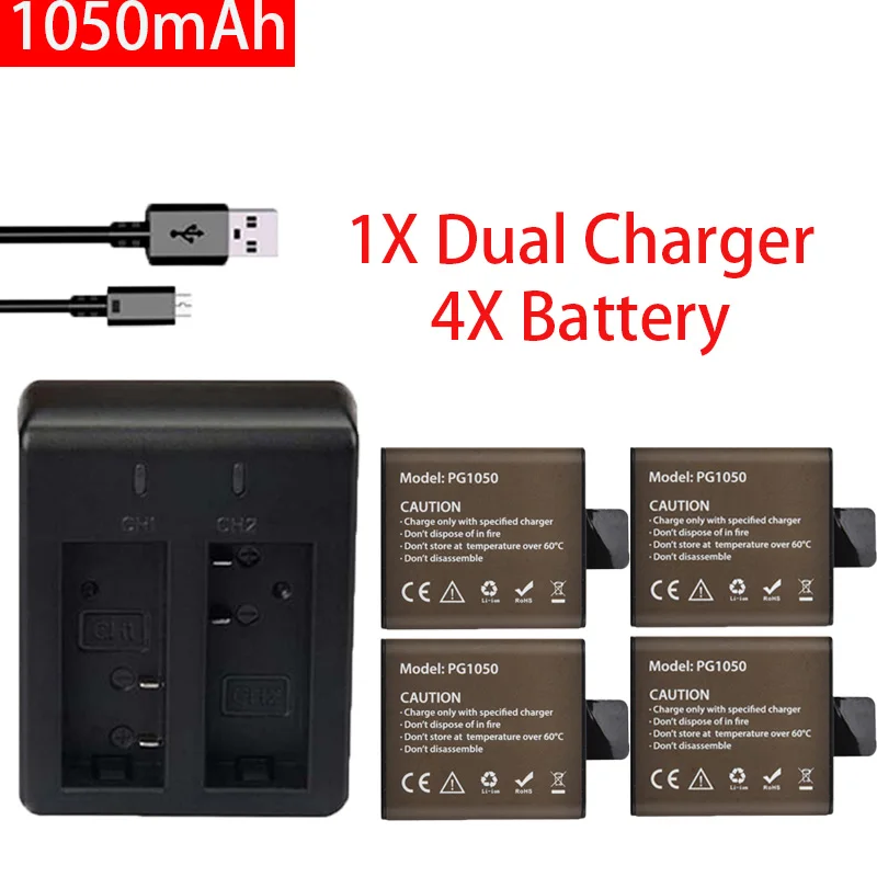 4pcs 1050mAh Camera Battery+ Dual Charger For EKEN H9 H9R H3 H3R H8PRO H8R SJ4000 SJCAM EKEN Camera Rechargeable Battery Pack