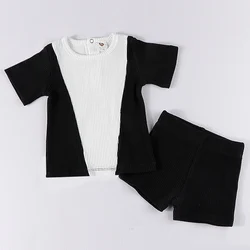 Boy's set summer clothes 2pcs set top and short black ribbed kid clothes baby boy clothes round neck short sleeve contrast patch
