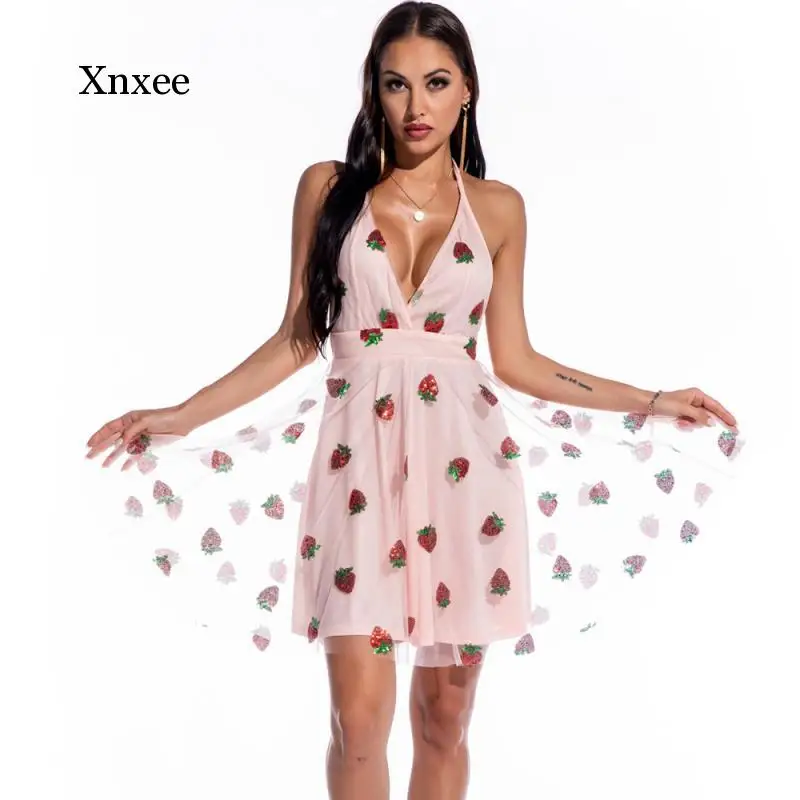 Sexy Pink Strawberry Sequin Summer Dress Women Mini Vintage Bodycon Beach Party Woman Dress Club Outfits Ladies Dresses Clothing