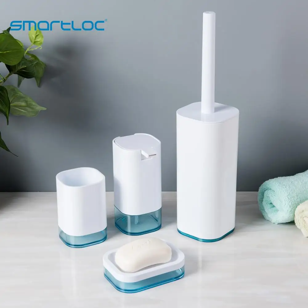 

smartloc 4pcs Plastic Bathroom Accessories Set Toilet Accessories Washroom Accessories Soap Dispenser Trash Bin Toilet Brush