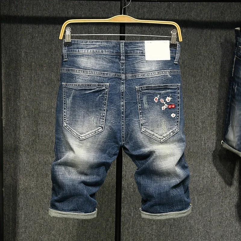 

Stretchy Summer Denim Shorts Mens Vintage Embroidery Knee Length Trousers Straight Slim Short Jeans Male Casual Jeans Plus Size