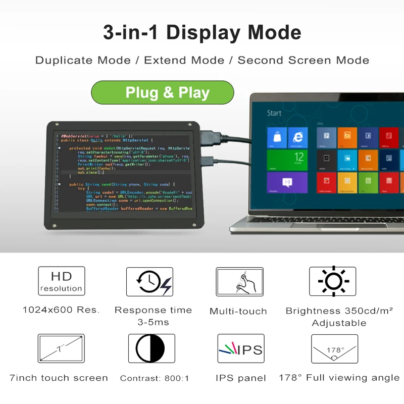 LESOWN Small Wide Touchscreen Module HDMI 7 10.1 inch 1024x600 IPS mini LCD screen Display with Case for Windows Laptop PC RPI