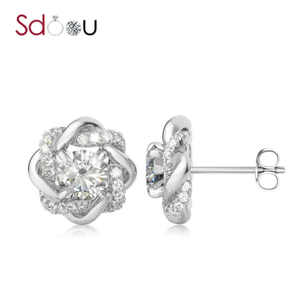 

SDOOU Silver Earring For Women New Trendy Moissanite Stud Earring Round Cut Diamond Flower Wedding Engagement Luxury Jewelry Hot