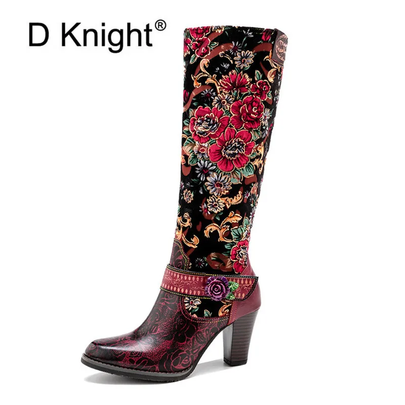 Autumn Winter Distressed Retro Women Riding Boots Three-Dimensional Flower Warmth Women High Heels Knee-High Zipper Boots Shoes