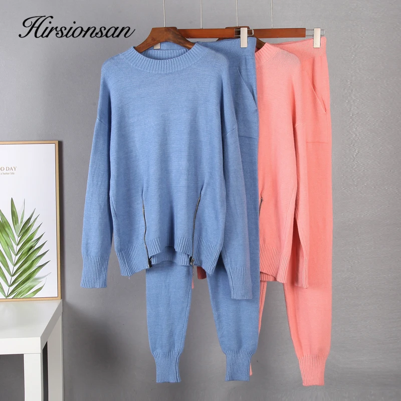 Hirsionsan Elegant Cashmere Knitted Sets Women 2023 Winter Warm Basicl Two Pieces Loose Sweater and Harem Pants Female Tracksuit