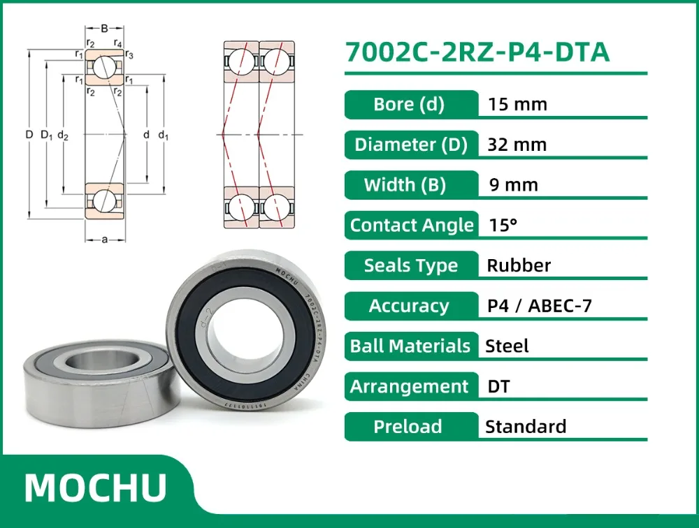1 Paar MOCHU 7002 7002C 2RZ P4 DT A 15x32x9 15x32x18 Gedichtete Schrägkugellager Drehzahllager CNC ABEC-7 – Detail 1