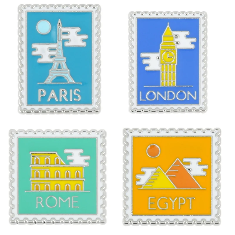 Fancy Album Alloy Badge Backpack Brooch LONDON PARIS ROME EGYPT Postage Stamp Travel Around the World Bag Lapel Pin Shirt Pin