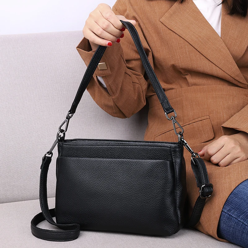 2 Zipper Leather Messenger Bag, Women Genuine Leather Shoulder Bag, Casual 100% Natural Cow Skin Cross-body Shoulder Bag