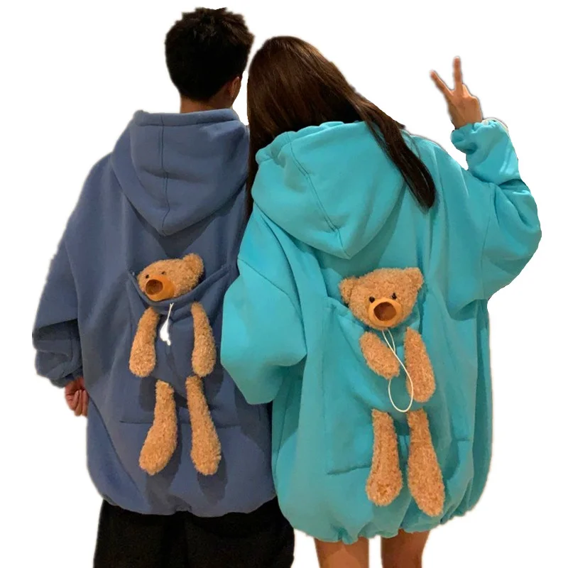 Autumn Hoodies Women Thicken Liner Velvet Bear Toy In Back Big Pocket Warm Soft Hooded Sweatshirt Couple Matching Pullover Top