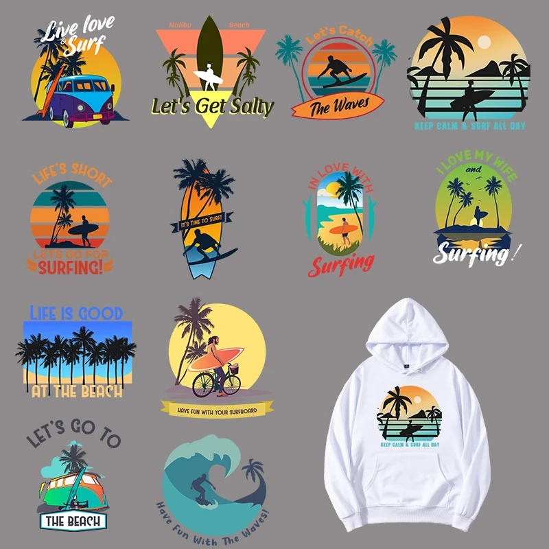 Surfing By The Sea Iron On Patches For DIY Heat Transfer Clothes T-shirt Thermal Transfer Stickers Decoration Printing