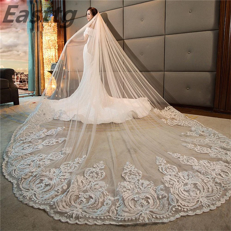 Luxe Hoge Kwaliteit Wit/Ivoor Lange Bridal Veils Kathedraal Lengte Lace Applique 4M Bruiloft Sluier Met Kam Wedding accessoires