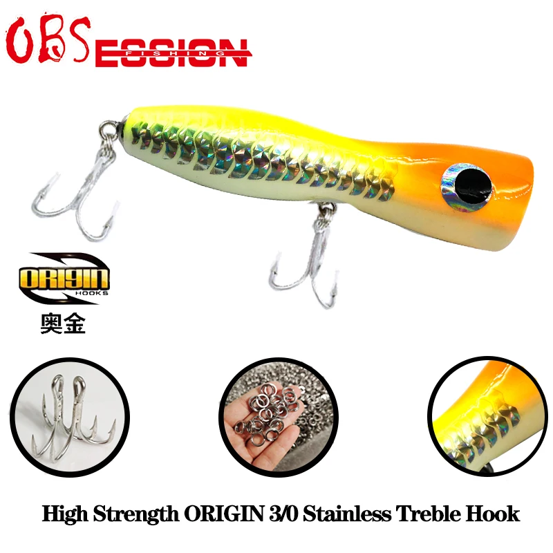 OBSESSION WD104 Topwater Wooden Fishing Lure 65g 17cm Wood GT Surface Popper With Treble Hook Ocean Trolling Fishing Popper Bait