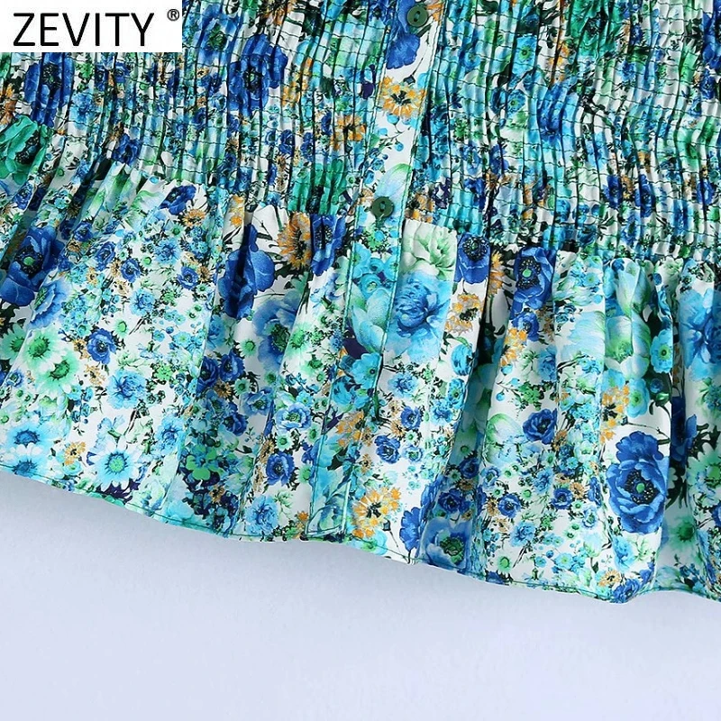 Zevity Women Sweet Floral Print Elastic Slim Short Smock Blouse Female Sleeveless Vest Shirts Chic Hem Ruffles Crop Tops LS9269