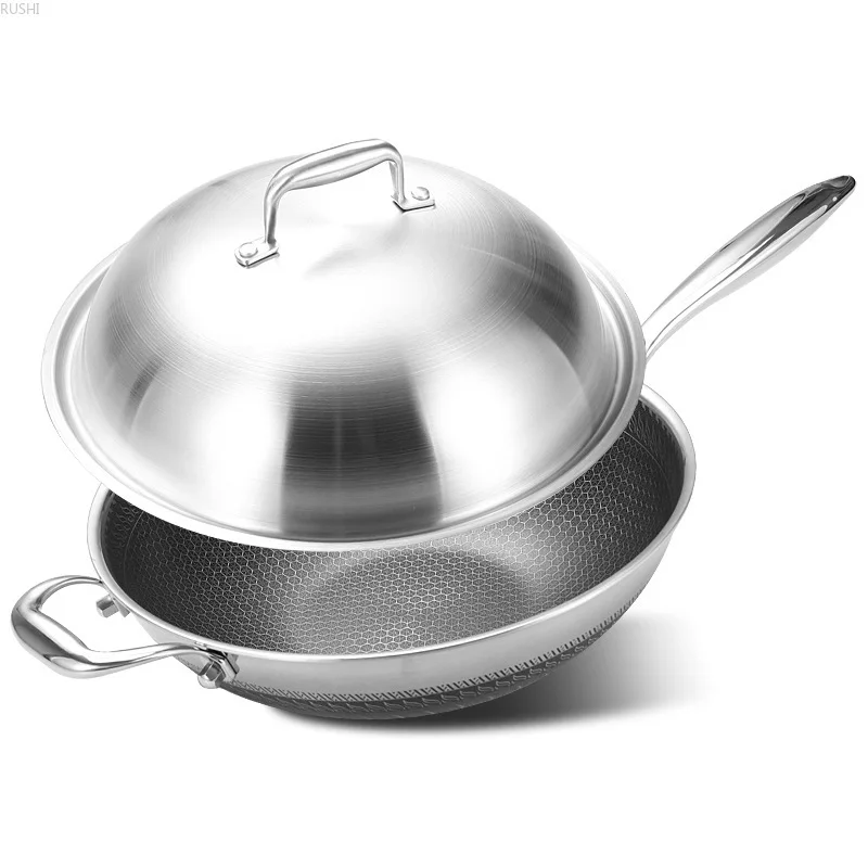 

Wok Pan 304 Stainless Steel No-lampblack Non-stick with Cover Cooking Wok Pan for Induction Cooker Gas Stoves Cookware Flat Pots