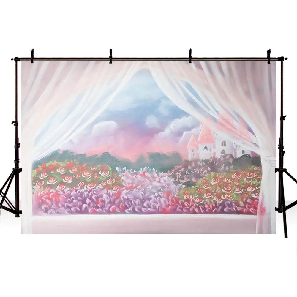Avezano pintura jardim pano de fundo janela rosa cortina flores castelo céu recém-nascido aniversário retrato fotografia fundo decoração