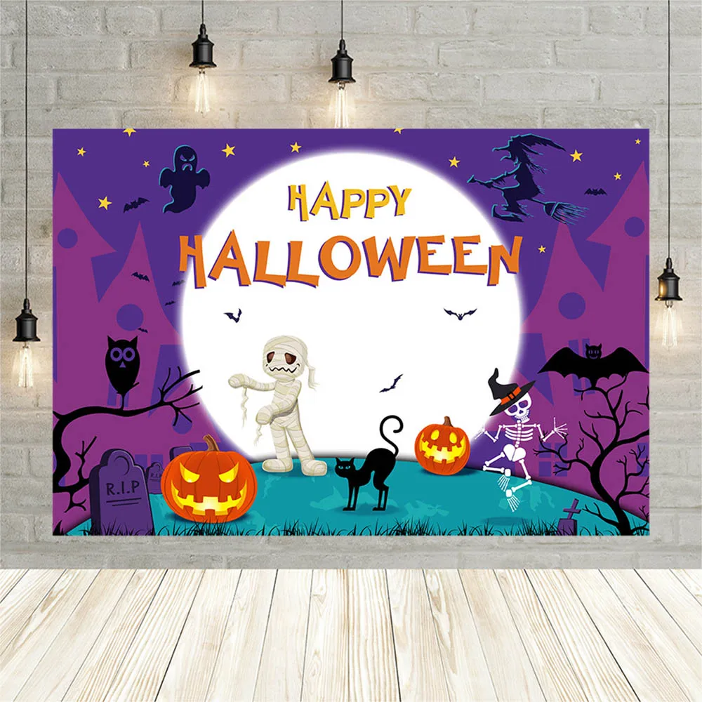 

Avezano Happy Halloween Backdrop Night Moon Pumpkin Lantern Bat Baby Shower Photography Background Photo Studio Photophone Decor