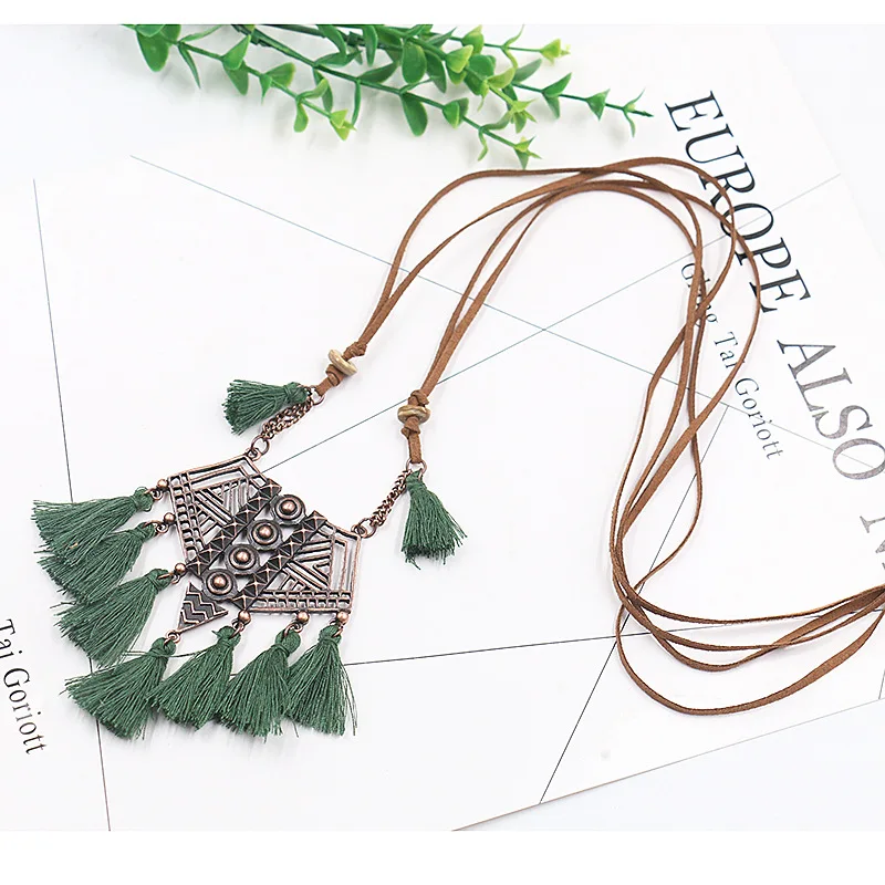 Bohemia Long tassel women\'s necklaces Long Leather chain Sweater chain Ethnic round tassel necklaces for women wholesale