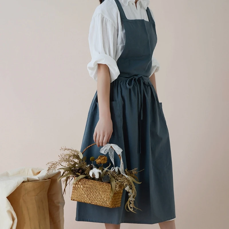 Women Cotton Linen Cross Back Apron Japanese Housework Baking Wrap Florist Dress Kitchen Cooking Aprons