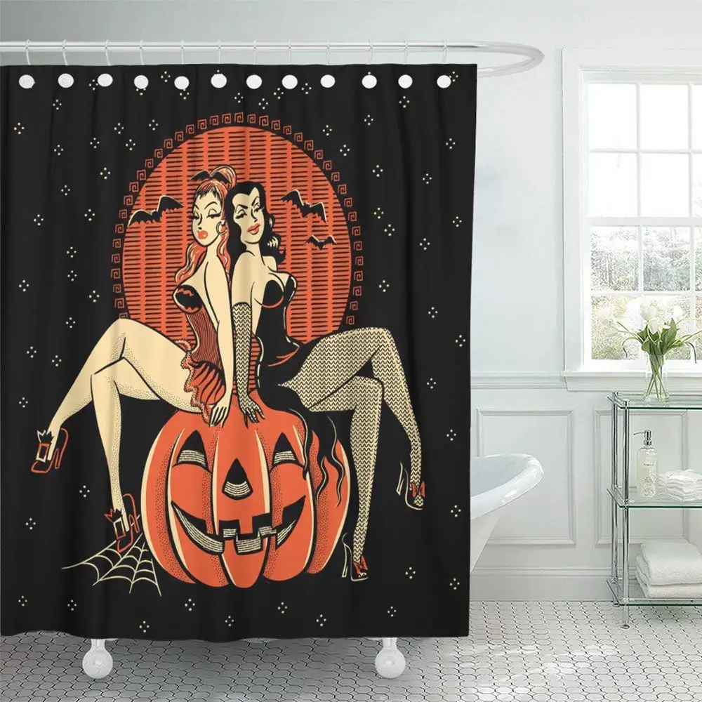 Vintagestyle Line of Spooky Halloween Glamour Twins Sitting on Carved Pumpkin Curtains