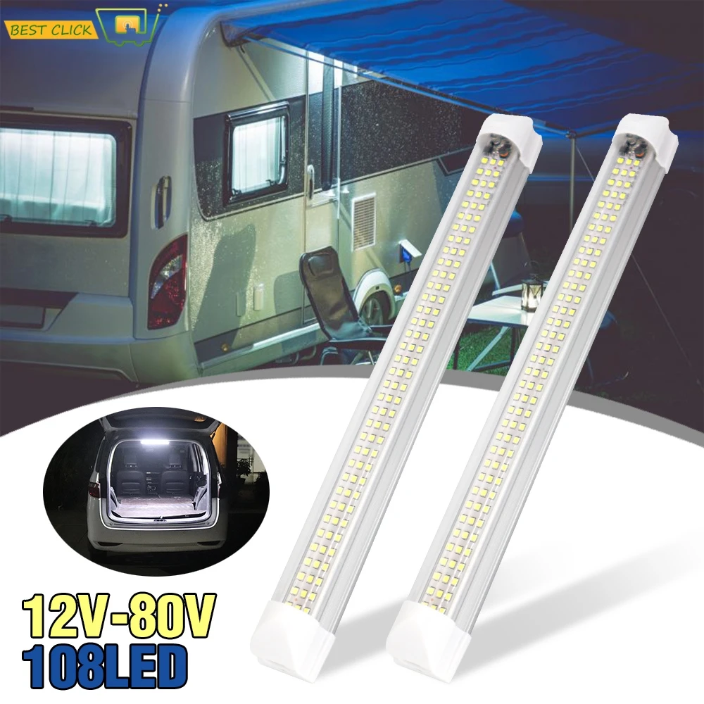 2Pcs 108 LED Car Interior White Strip Light Bar Car Interior Lamp with On/Off Switch Van Cabin Lorry Truck Camper Boat Camper