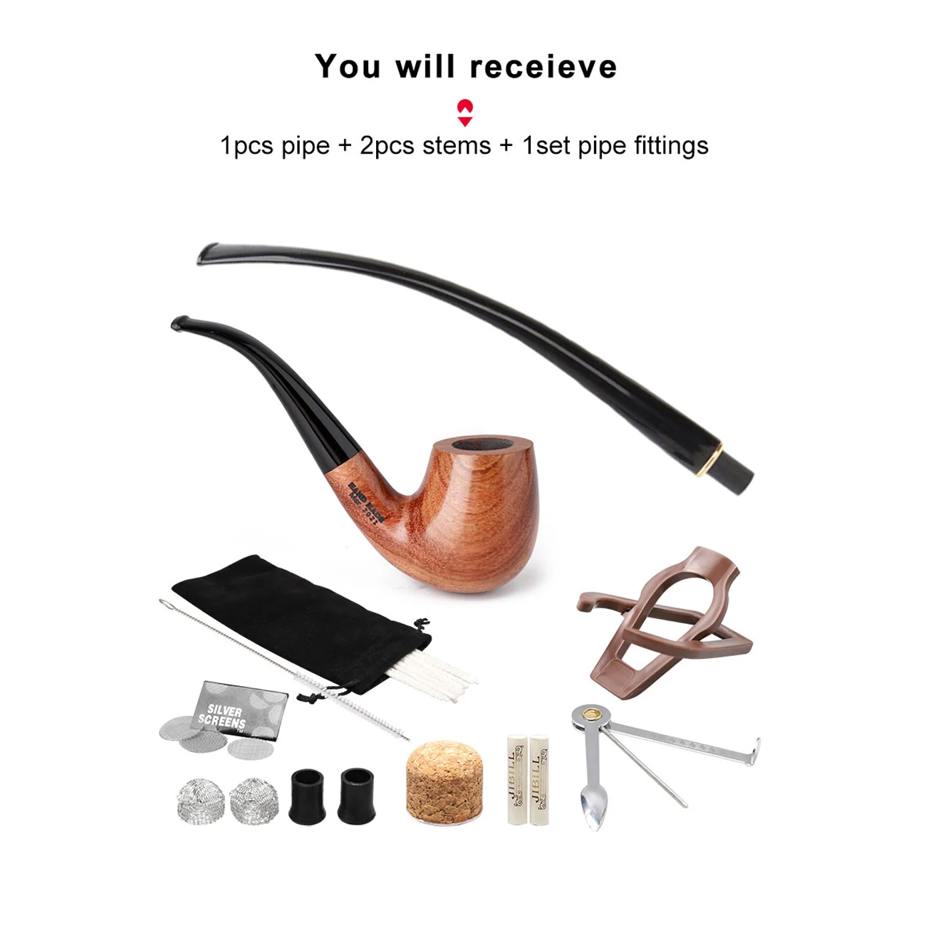 MUXIANG 10 Tools Kits 2 in 1 Wooden  Rosewood Long Smoking Accessory Tobacco Pipes  With 9mm Filter Two Acrylic Pipe Bends Stem