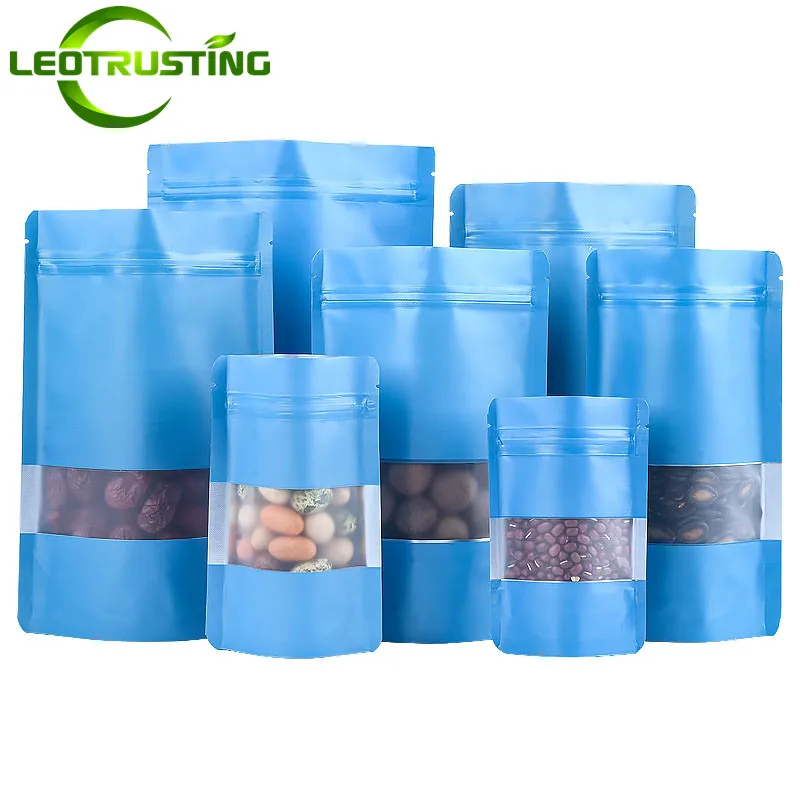 100PCS Stand Up Matte Blue Aluminum Foil Window Ziplock Bag DIY Coffee Spice Cereals Fish Feed Pet Food Sugar Storage Pouches