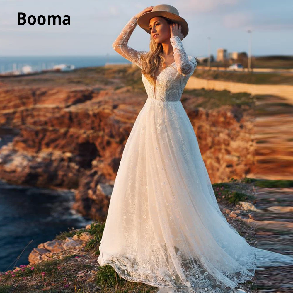 Booma Gaun Pernikahan Renda Elegan Boho Gaun Pengantin Tulle Lengan Panjang Gaun Pernikahan Pantai A-line Gaun Pesta Putri Bohemia