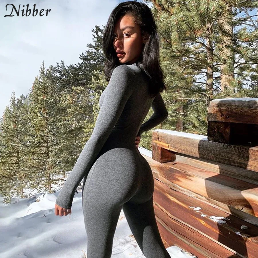 Nibber female simple bodycon solid color long-sleeve overalls for women leisure streetwear pure jumpsuit workout jogging romper