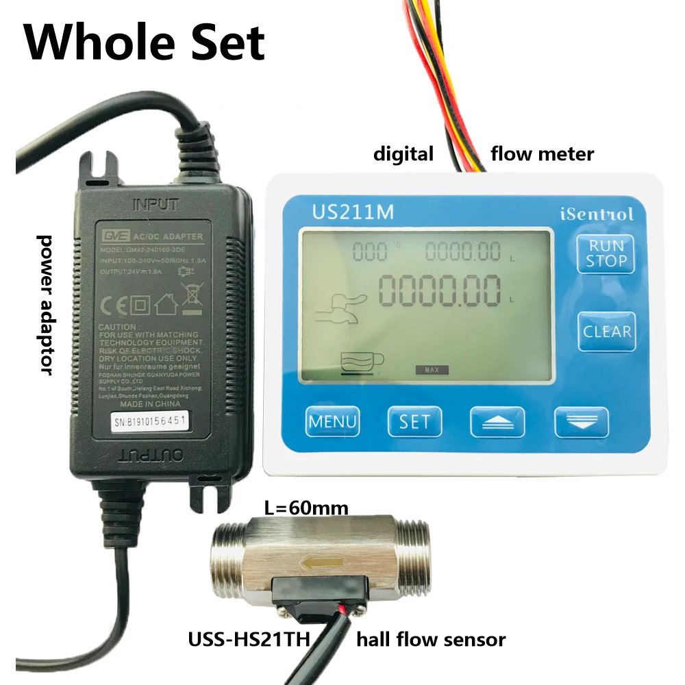 

US211M Digital Water Flow Meter with SUS304 Stainless Steel USS-HS21TH 1-30L/min Hall Water Flow Sensor Reader Saier iSentrol