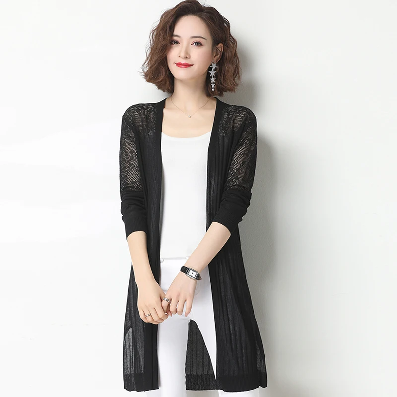 Women Hollow Out Knitwear Summer Spring Lady See Through Knit Cardigan Long Sleeve Thin Hollow Knit Outwear