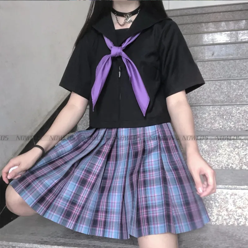 Robes d'école pour les filles Chemise noire avec aught Marin à manches courtes imbibé XS-3XL de grande taille Anime Form Lycée Jk Uniforme