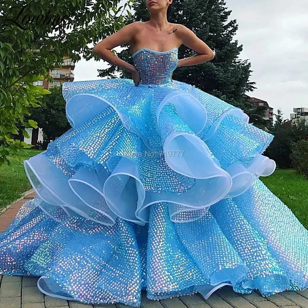 Vestido azul brilhante de baile, vestido de baile para mulheres, sem alças, organza, arábia saudita, vestido de noite, nova chegada, 2020