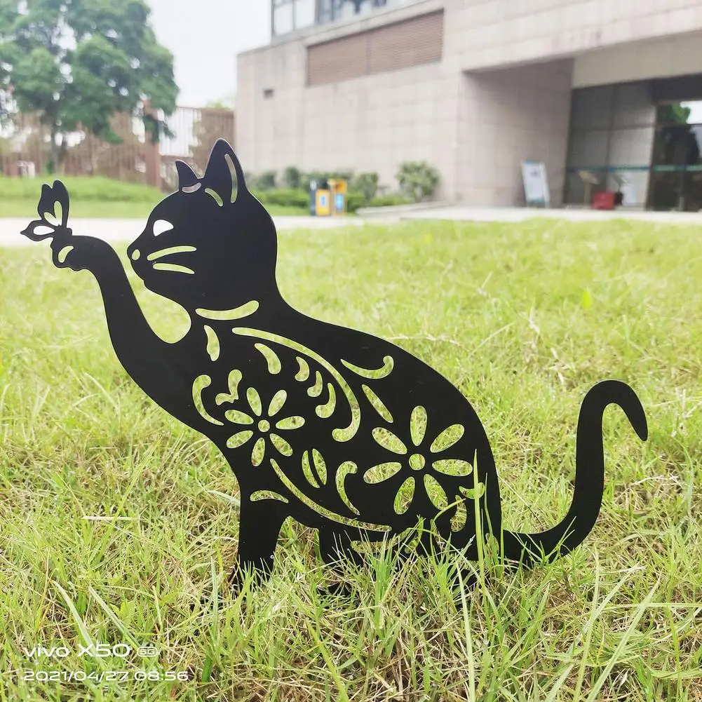 1pcs Hollow Out Simulation Black Cat Insert Card Garden Art Ornament Acrylic Cat Silhouette Stake Sculpture Outdoor Garden Decor