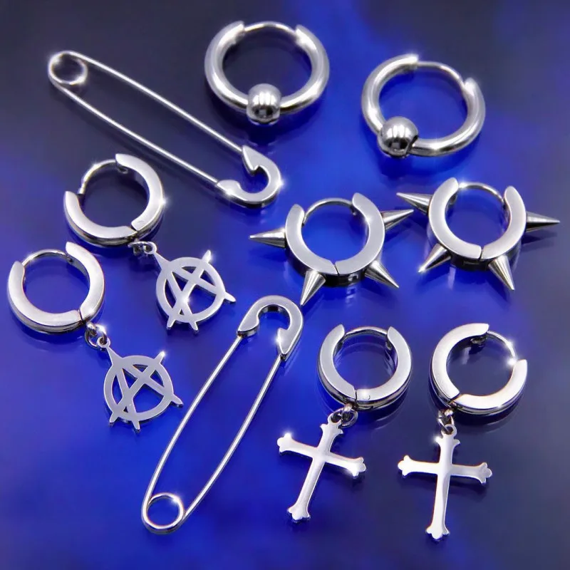 INS Hiphop Punk Goth Cross Spike Dangle Hoop Earrings for Women Men Anti-allergic Titanium Stainless Steel Pin Cool Earrings