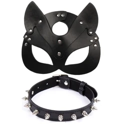 Mascarilla y Collar de cuero negro para mujer, máscara con agujeros para Halloween, disfraces, máscara sexual con los ojos vendados, Collar Bdsm