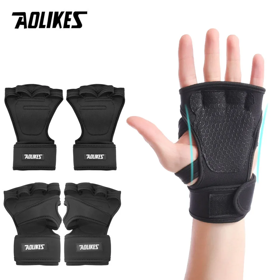 AOLIKES 1 Pair Gym Fitness Gloves Hand Palm Protector with Wrist Wrap Support Crossfit Workout Bodybuilding Power Weight Lifting