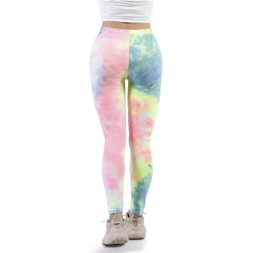 LJCUIYAO Sexy legginsy Push Up kobiety Fitness Tie barwnik wysokiej talii siłownia trening Sport Graffiti drukuj zielone liście szwy dół