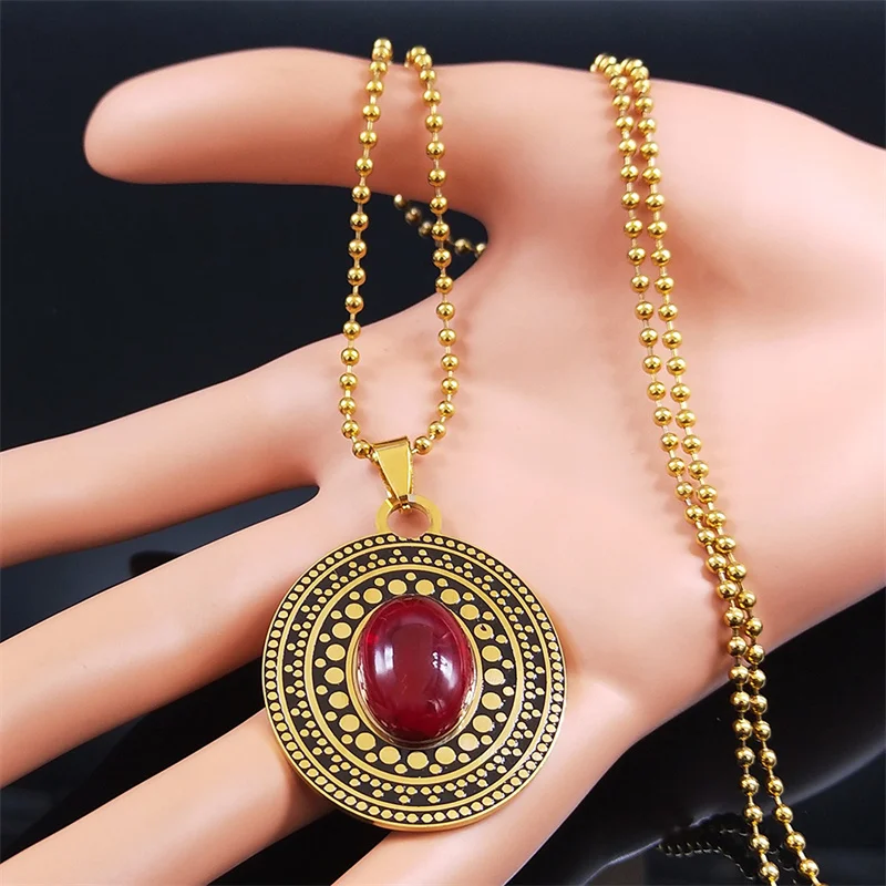 Bohemia Red Natural Stone Stainless Steel Oval Necklace Chain Women Gold Color Flower Necklace Jewelry cadenas mujer N3606S04