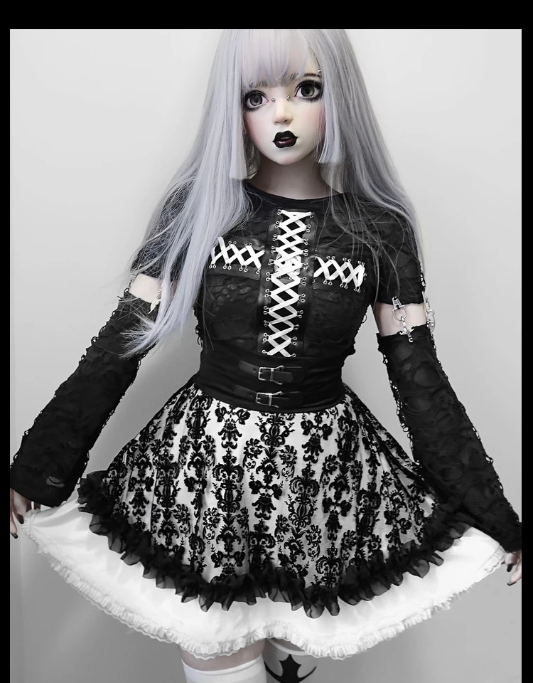 

Original Design Gothic Black Cake Skirt Set Long Sleeve Hollow Out Cross Crop Top and Floral Lace Ball Gown Skirt Punk Women Set