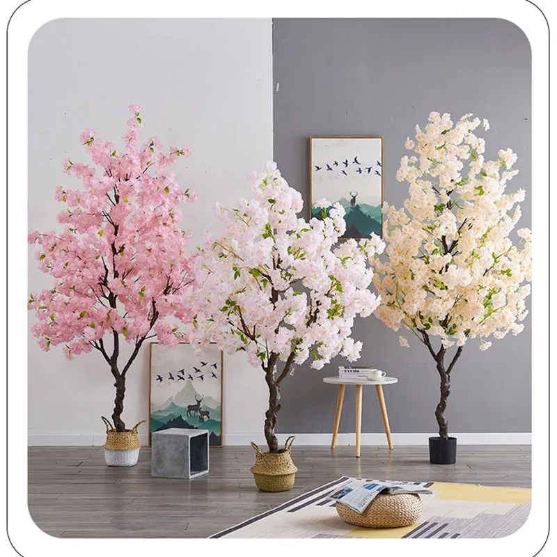 Home Artificial Fake Cherry Tree Bonsai Floor Leaves Decor Living  Interior Room Pink Fake Plants With Pot Simulation Flowers