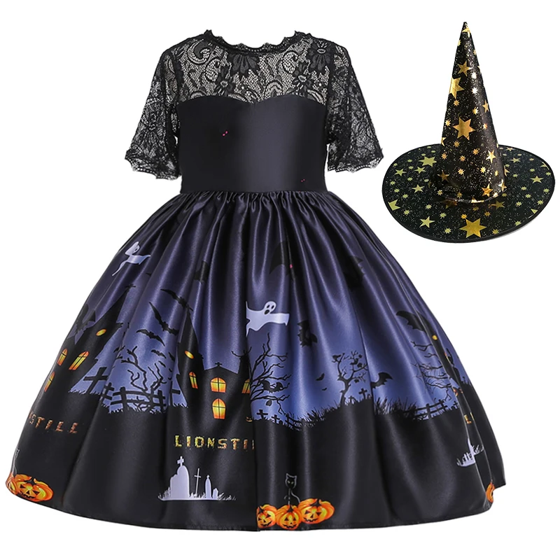 

Girls Dress Halloween Costume For Kids Girl Party Dresses Children Girls Pumpkin Lace Witch Printed Cosplay Princess Dress