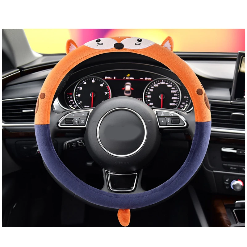 LUNASBORE Car Steering Wheel Cover Plush Rubber Material Suitable 37-38cm Auto Pink Cute Animal  Women