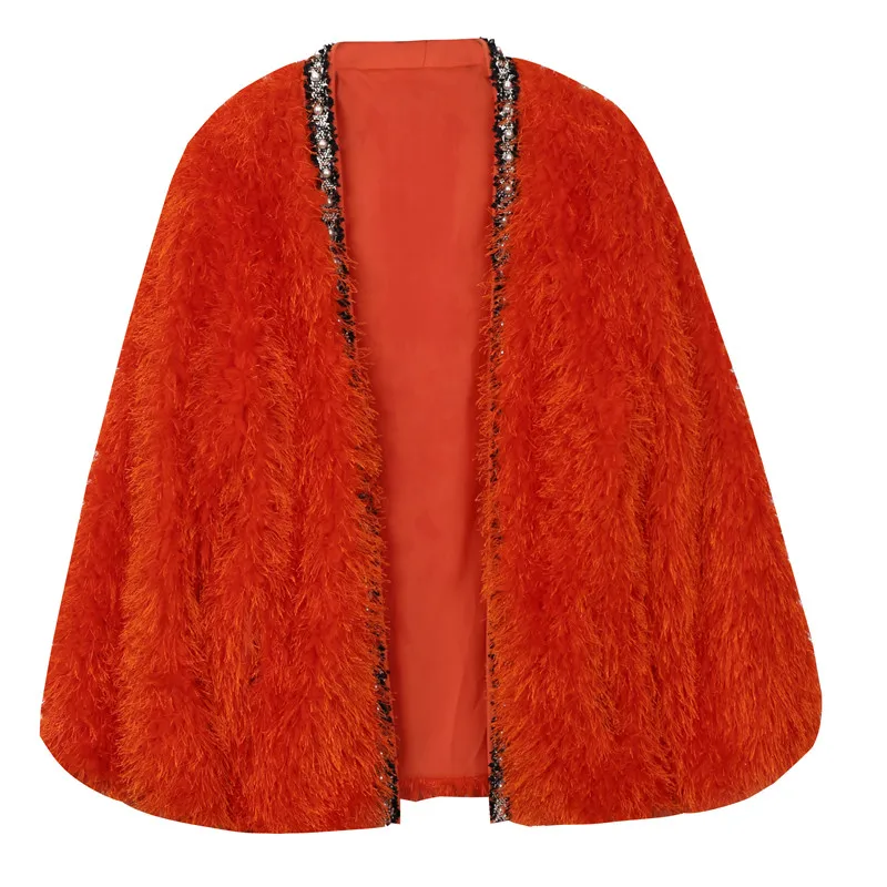 Autumn Winter V-Neck Faux Fur Fuzzy Cardigan Lambs Wool Diamonds Coat Beaded Tassels Coat Fringed Hairy Jacket Fur OL Crop Tops