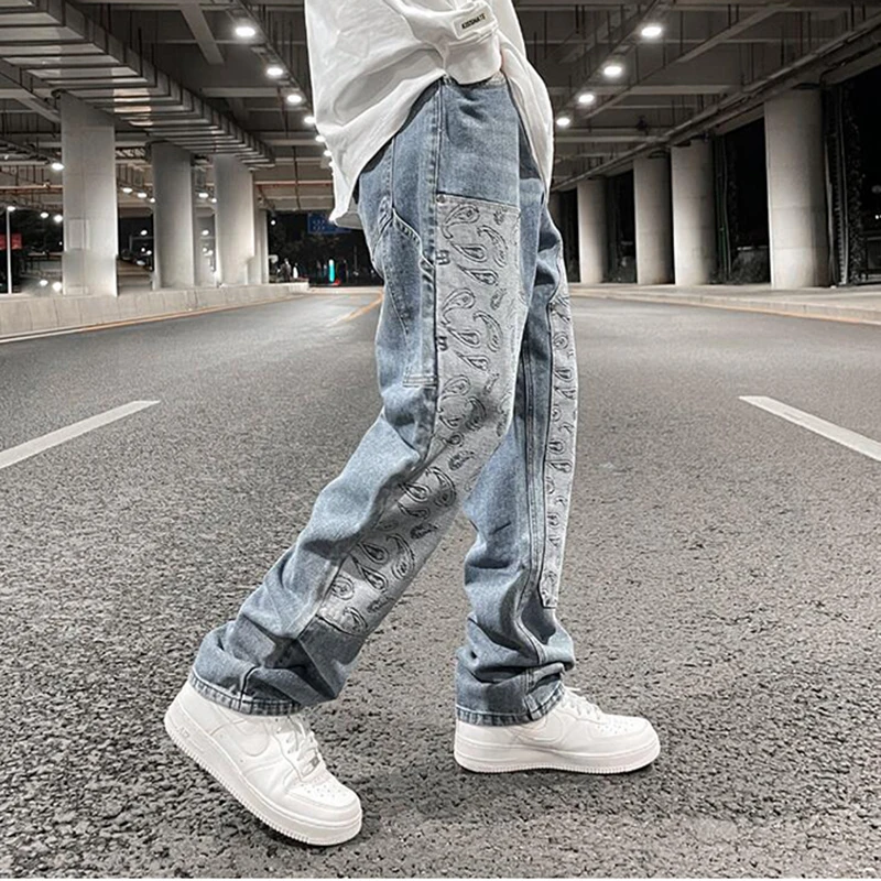 Hip Hop Washed Blue Patchwork Cashew Flower Casual Men's Jeans Trousers Straight Retro High Street Oversized Baggy Denim Pants