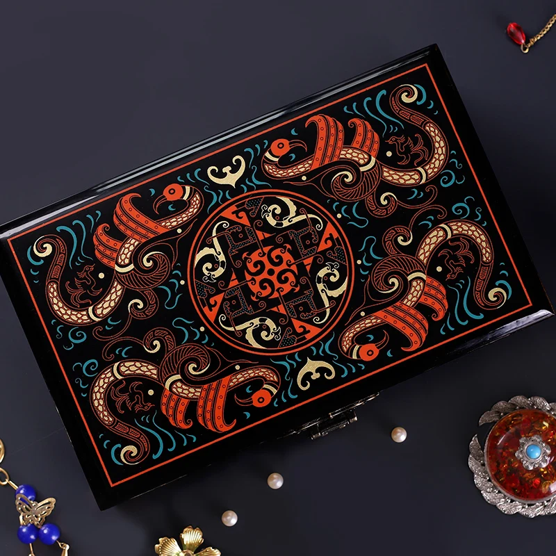 Retro style Chinese pattern lacquer jewelry box classical large-capacity jewelry box, wooden lacquer box, Chinese  ethnic style